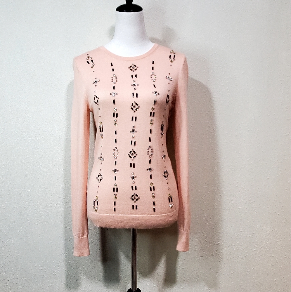 Ann Taylor Blush Pink Sweater Embellished Rhinestones, Size Small
